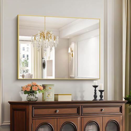 Image of COFENY 30x40In Gold Bathroom Mirror for Wall, Brushed Gold Rectangle Mirrors with Metal Frame, Bathroom Rectangular Mirror Modern Wall Mirror for Bedroom Living Room, Hangs Horizontal or Vertical