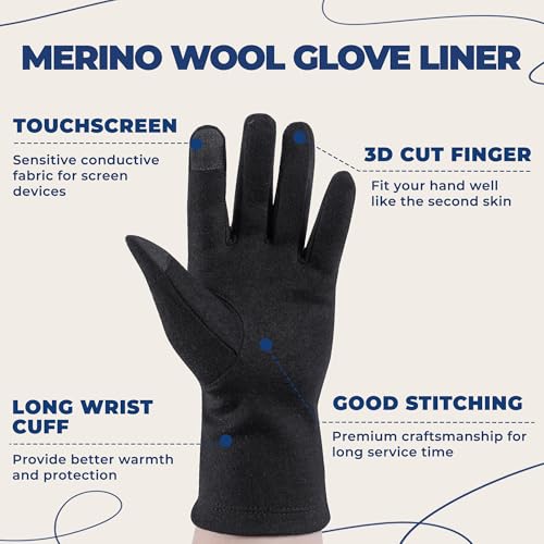 Image of ACUSHLA 100% Merino Wool Glove Liner Touchscreen Winter Light Ski Men Women