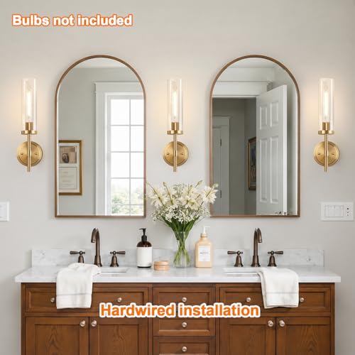 MOKATNG Hardwired Wall Sconces, Brushed Gold Bathroom Sconces with Clear Glass, Modern Wall Light Fixtures for Bathroom Mirror Vanity, Living Room, Bedroom, Hallway, Stairway, Cabinet, Foyer
