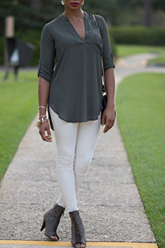Women's Roll Tab Sleeve Tunic,Perfect Long For Leggings Shirt Cute Versatile Top(Olive,L,001E) #TOP5