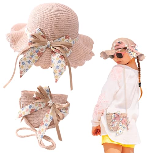 Kids Girl Summer Straw Hat Bag Set Cute Bow Sun Cap Girl Foldable Wide Brim Hat Sun Protection Floppy Beach Cap