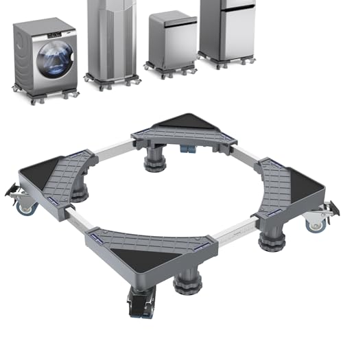 Base Lavadora con 4 Patas y 8 Ruedas con Bloqueo, Pedestales Móviles para Lavadora, Secadora, Frigorífico Capacidad De Carga 500 Kg(Gris, Ajustable: 45,5 – 70 cm)
