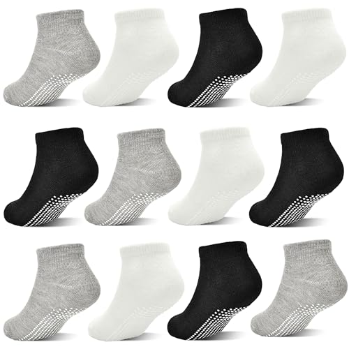 HYCLES Baby Boys Girls Non Silp Grip Socks 12 Pairs Toddler Anti Skid Cotton Ankle Socks with Grippers Kids Breathable Socks for 1 Years - 3 Years