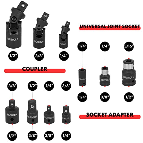 BILITOOLS 18-Piece Drive Tool Accessory Set, Includes 1/4" 3/8” & 1/2” Drive Socket Extension Set, Socket Adapter, Universal Joints, Cr-V Steel by BILITOOLS - Image 4