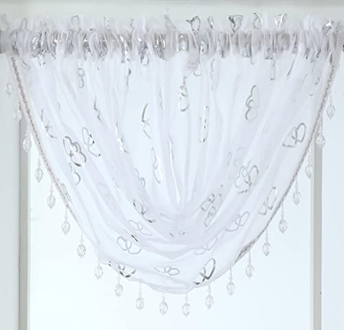 Amania Trading 1 x WHITE Entwined Swag - Silver Heart on Voile Drape Valance Beaded Swag Slot Top Header