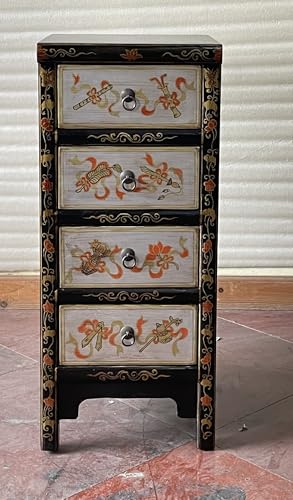 Kunibert Commode chinoise antique Tibet Buffet Asia avec 4 tiroirs Largeur 38 x Hauteur 88 cm Couleur : noir avec argent