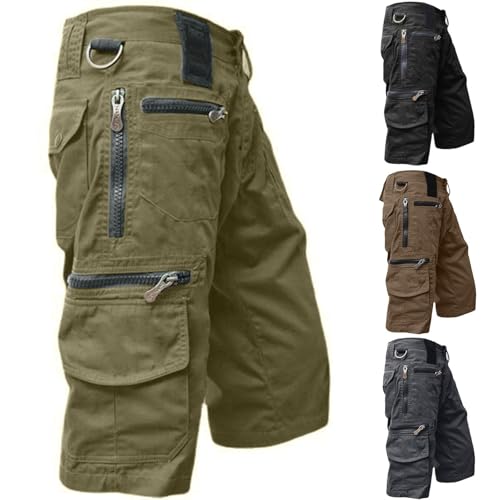 Cargohose Herren Kurz Hose Knielang Shorts Stretch Arbeitsshorts mit Mehreren Reißverschluss Taschen Sommer Männer Freizeit Shorts Baggy Radlerhose Sporthose Outdoor Wanderhose(#A Grün,XXL)