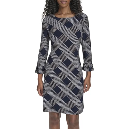 Image of Tommy Hilfiger Women's 3 /4 Ruffle Trim Sleeve Round Neck Jersey Shift Mini Dress