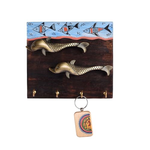 Image of Aakriti Art Creations Key Holder, O-La-La Key Hanger with Owl Mask and Beautiful Artwork | Rustic Wooden Wall Organizer with 5 Hooks| Storage Shelf For Keys, Hats | Multifunctional Entryway Decor Item