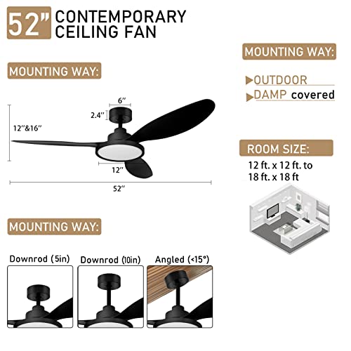 Ohniyou 52 Inch Ceiling Fan With Light And Remote Control, Black Outdoor Ceiling Fan For Patios, Modern Industrial Indoor Dc Motor 3 Blade Ceiling Fan For Living Room Bedroom Gazebo Restaurant #TOP2