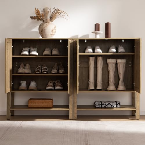 Image of SICOTAS Shoe Cabinet with Storage - 3 Pieces Farmhouse Boho Shoe Organizer with Rattan Doors & Shelves, 5 Tier Free Standing Shoe Rack Storage Cabinet for Entryway, Living Room, Closet (Carbon Cherry)
