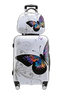BEIBYE Butterfly 2060 4tlg Reisekoffer Trolley Hartschalen Kofferset (M-56cm+Beautycase)
