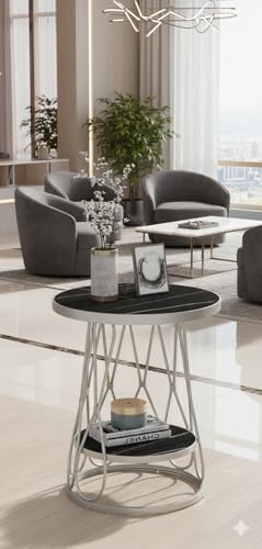 Image of End Tables Living Room, Nesting Tables with Rectangle Steel Frame, Round Coffee Table for Living Room, Bedroom, Office (Gry Balck)
