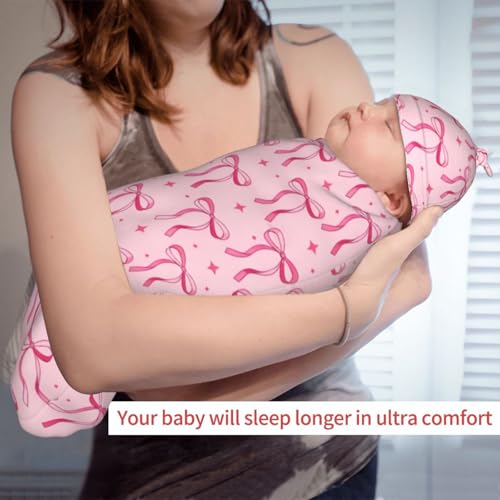 Image of Lcokin Pink Bow Baby Stuff Swaddle Blanket Hat Set, Newborn Receiving Blanket Shower Gift for Boys Girls