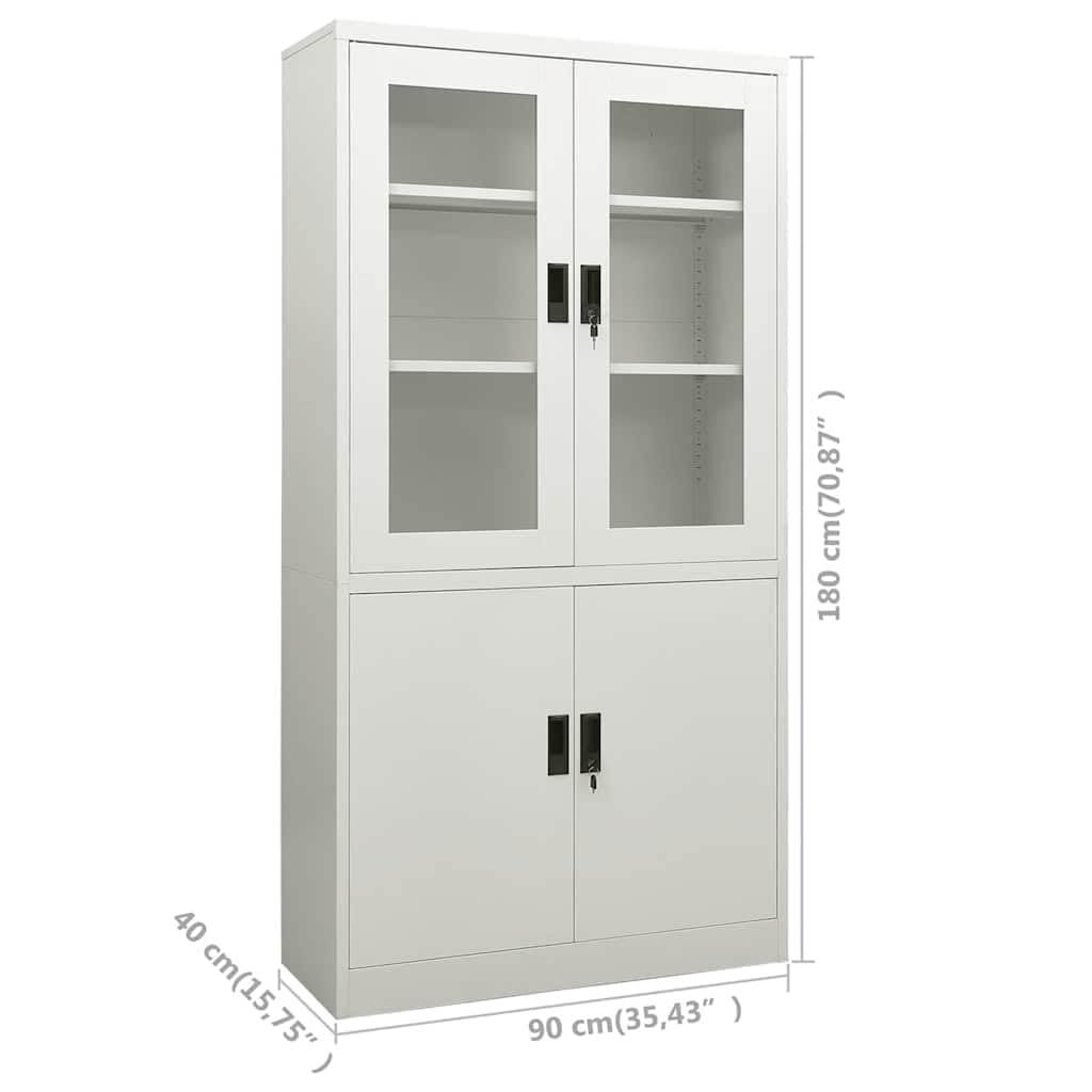 Armario de oficina gris claro de acero 90 x 40 x 180 cm con 3 estantes, 2 cerraduras, 4 puertas y tiradores para oficina, espacio de almacenamiento y almacenamiento de archivos con cristal