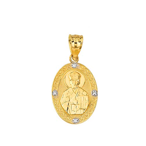 Certified 10k Gold Catholic Patron Saint St. Nicholas Oval Religious Diamond Medal Pendant