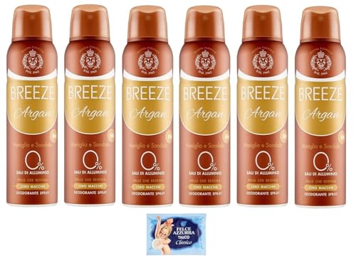 6x BREEZE Deodorante Spray Argan Vaniglia e Sandalo,non macchia la pelle, 0% sali di alluminio, 150ml + 1 Confezione di Talco Felce Azzurra in omaggio, Busta da 100g