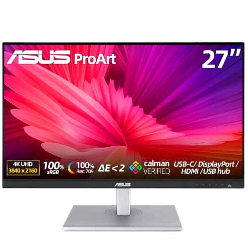 Image of ASUS ProArt 27 inch 4K UHD Monitor, IPS Panel, HDR10, 100% sRGB /Rec.709, ΔE < 2, Calman Verified, USB-C 65W Power Delivery, HDMI /DisplayPort /USB Hub, Eye Care Technology, Ergonomic Stand