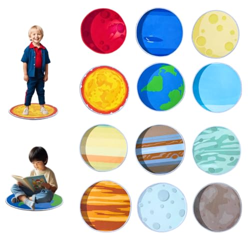 UnikHome Non-Slip 12Pcs 16'' Solar System Carpet Circle Seats for Classroom|Kids Round Floor Mats|Circle Time Learning Playing Area Carpet Squares Seating|Elementary School Preschool Day Care|