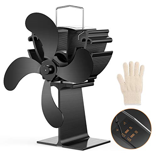 Dr.meter 4-Blade Stove Fan, Heat Powered Stove Fan with Built-in Temperature Gauge