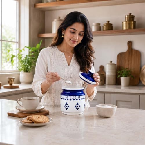 Image of The Earth Store Blue Drape Pickle Jar Set of 1 - 600ML Ceramic Jar for Kitchen Storage | Microwave & Dishwasher Safe Achar Container | Pickle, Salt & Spice Storage Jar | Barni Jar