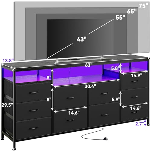 63.3 Inch Black Dresser for Bedroom, 10 Drawer Dresser TV Stand for 65 70 75 Inch TV, Fabric Chest of Drawers with LED Lights & Power Outlets, Long Entertainment Center for Closet, Living Room, Entryw
