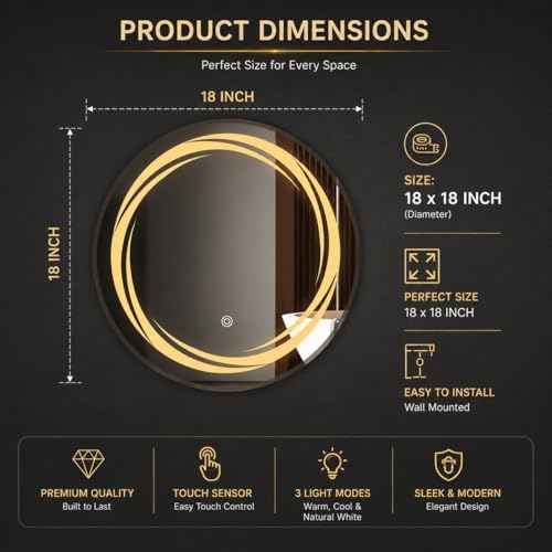 Image of LED Bathroom Wall Mirror with 3 Decorative Lights | Touch Sensor | Warm | Natural and Cool White | for Wash Basin | Bedroom | Dressing Area (Round, 18x18)