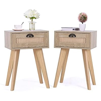 PHI VILLA Rattan Nightstands Set of 2, Mid Century Accent Table with Storage Drawer, Side Table for Small Space, Living… 41UcfVYsPpL. SS400