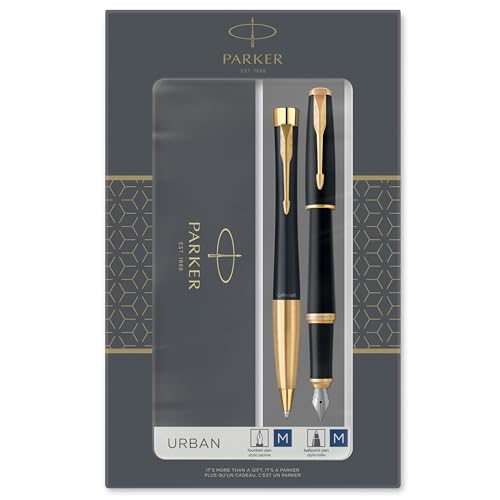 Parker Urban set de regalo doble con bolígrafo y pluma estilográfica, negro tenue con adorno dorado, cartucho y recambio de tinta azul, estuche de regalo