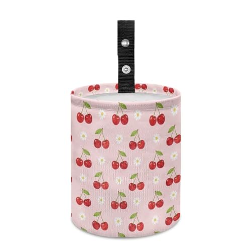 Image of Pink Cherry Daisy Print Car Trash Can Portable Collapsible Back Seat, Front Seat, Floor, or Hanging Headrest Waste Basket Car Accessories Interior