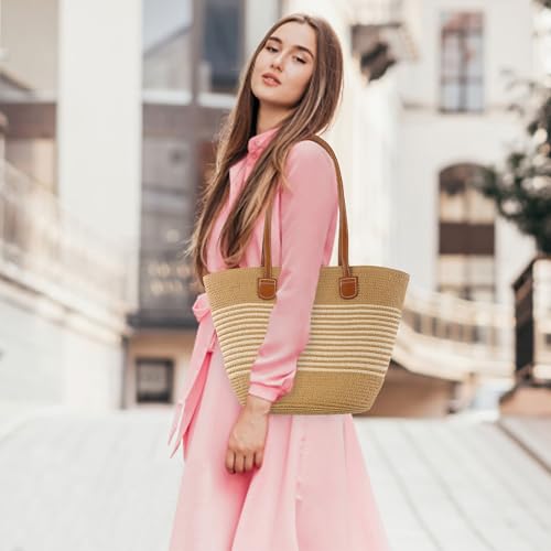 Image of Ayliss Women Straw Bag Large Handwoven Summer Beach Tote Shoulder Handbag Purse Striped Handmade Weaving Straw Bag