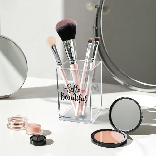 Image of Hello Beautiful Acrylic Makeup Brush Organizer Holder, Positive Affirmation Desk Acrylic Brushes Storage, Make Up Artist Gifts, Morning Affirmation Gifts for Her Wife Sister Friend Makeup Lover