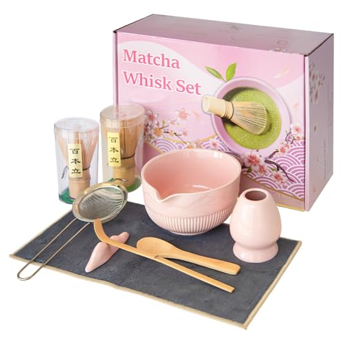 Pink Matcha Set, 8 Pcs Matcha Kit, Matcha Bowl Set with 2 Whisk and Holder, Matcha Starter Kit for Matcha Lovers