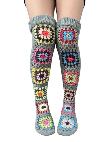 Image of Leoparts Crochet Thigh High Socks Granny Square Over Knee High Retro Knitted Stocking Colorful Leg Warmers