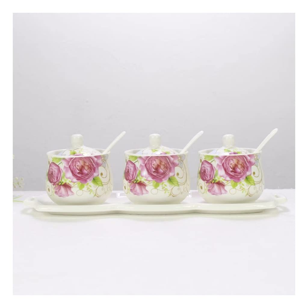 pot à épices， Boîte à condiments Pot d'assaisonnement en céramique de ménage Chinois Coffret d'assaisonnement de 3 pièces avec Base Bouteille d'assaisonnement de Cuisine Pot à condiments