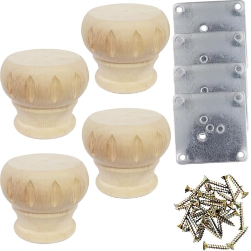 Btibpse Wooden Furniture Legs 3'' Unfinished Bun Feet for Sofa, Chair, Loveseat, Ottoman, Dresser Foot Set of 4