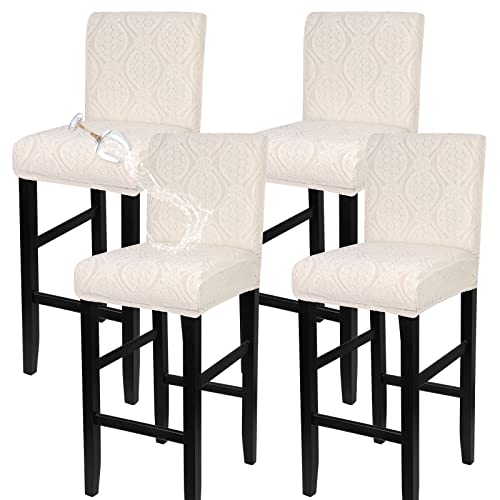 Image of SearchI Water Repellent Bar Stool Covers Set of 4, Stretch Washable Barstool Seat Covers, Counter Height Chair Covers for Kitchen Dining Room Cafe (Beige Flower Jacquard)