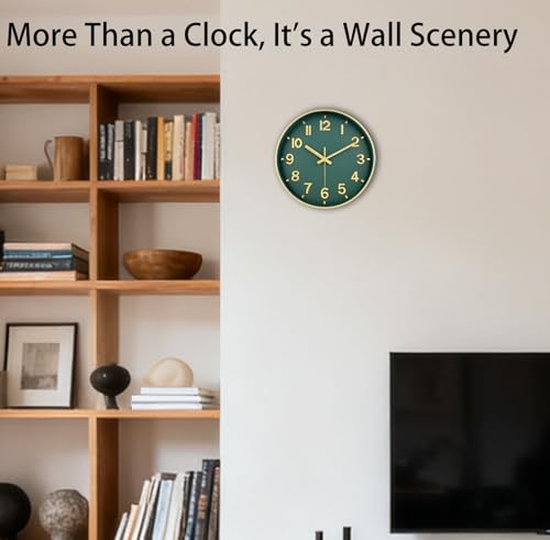 Image of Modern Wall Clock, 10 Inch Digital Wall Clocks Battery Operated, Round Non Ticking Silent Analog Clock for Bedroom Living Room Kitchen Office Gym Classroom Decor, Gold Green Battery Clock