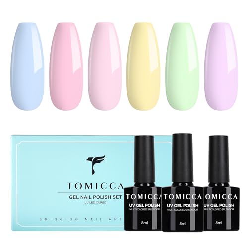 TOMICCA UV Nagellack Pastell Set, 6 Farben Macaron Bonbon süß Rosa Blau Gelb Lila Grün Sommer Gel...