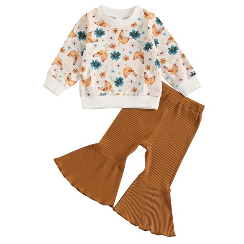 SAYOO Baby Girl Fall Winter Clothes Floral Bow Knit Crewneck Sweatshirts Top Flare Pants Set Toddler Bell-Bottoms Outfits