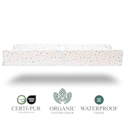 Image of Organic Cotton Covered Contoured Baby Changing Pad | Waterproof Foam Mattress, Soft, Removable & Washable Cover, Safety Strap, Non-Slip Bottom, Topper for Standard Size Infant Diaper Table & Dresser