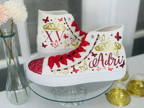 Quinceanera Sneakers Red Gold Butterfly - 15 Birthday personalized Shoes with butterflies - Zapatillas de 15 Rojas y Doradas Customized Tennis - Dancing Fiesta Mis 15th Party Gift (5)2