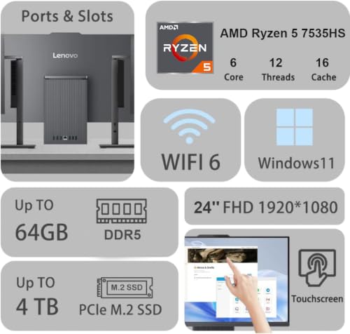 Image of Lenovo IdeaCentre 24 inch Touchscreen All-in-One Desktop Computer • 6-core AMD Ryzen 5 Processor • 16GB DDR5 • 1TB SSD • Office 365 for The Web • Wireless KB&Mouse • Wireless Charging Base • Windows 11