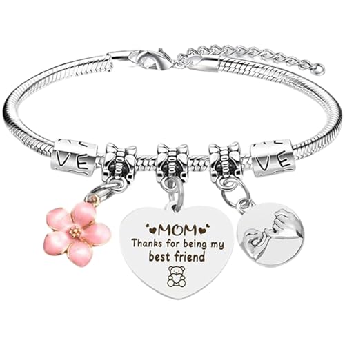 Image of Thanks My Beautiful Mum Charm Bracelet,Mother's Day Birthday Christmas Mum Gifts Mom Bracelet Thanksgiving Flower Hand In Hand Jewellery Gifts for Mom from Daughter Son Awesome I Love You
