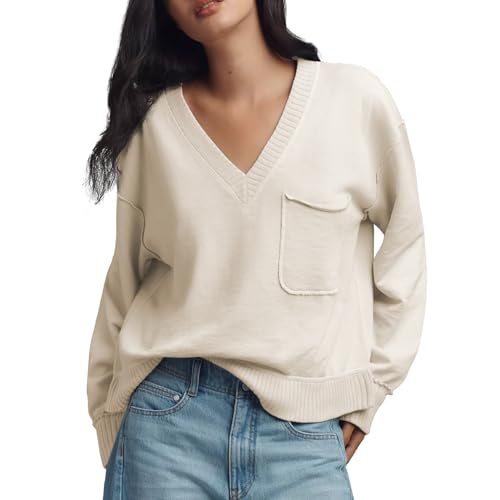 Womens Oversized V Neck Sweatshirts Long Sleeve Pullover Fall Fashion Ribbed Knit Hoodies Sweater Tops