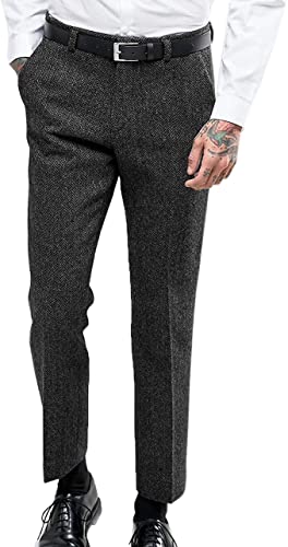 Solovedress Herren Vintage Herringbone Anzughose Tweed hoch taillierte Wolle Slim Fit Hose für Hochzeit Trauzeugen(Schwarz,40) Cover
