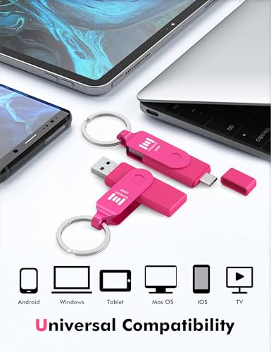 Image of MOSDART 128GB USB 3.2 Fast Speed C and A Dual Flash Drive, exFAT Memory Stick with Keychain and LED Indicator, for iPhone 15,16,17, Android Phone, iPad, MacBook, and Other Laptops, Hot Pink
