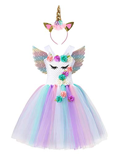 Muababy Baby Girl Unicorn Costume Pageant Flower Princess Party Tutu Dress with Headband (7-8 Years, 1438)
