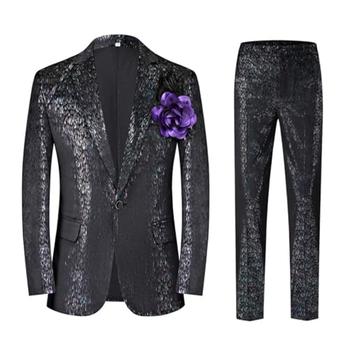 Men Slim Black Fleece Blazer Suit Stage Performance Studio Photo Suit Single Breasted Jacket and Pant Black M