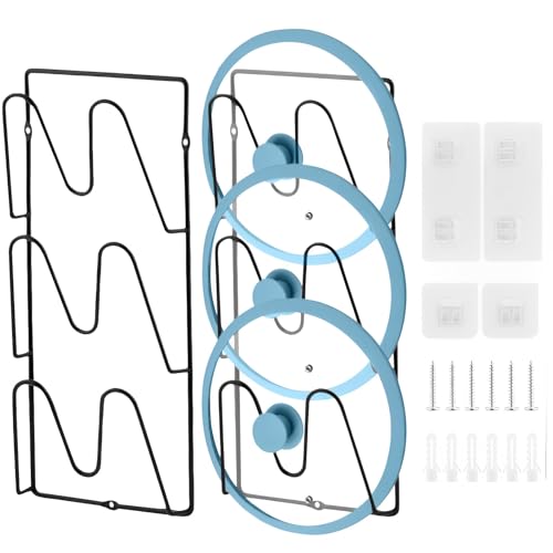 JAMHEXOU Lot de 2 supports muraux autocollants pour couvercles de casseroles, en métal, 3 fentes, pour porte d'armoire ou de couvercle de casserole